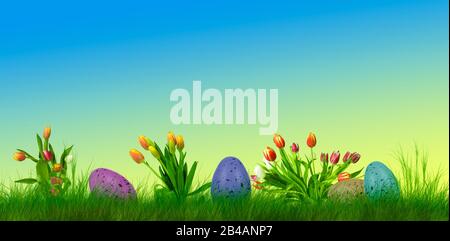 different colorful easter eggs lie on a meadow with flowers Stock Photo