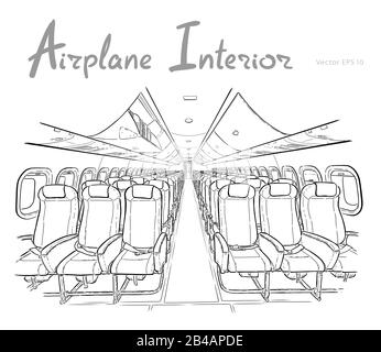 Airplane interior hand drawn sketch vector illustration Stock Vector