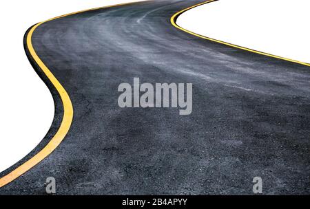 Winding asphalt road with yellow symbol. Isolated on background Stock Photo