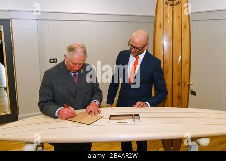 The Prince of Wales attends a reception in Newquay, Cornwall, to celebrate the 30th anniversary of Surfers Against Sewage and officially opens the Nansledan development school. PA Photo. Picture date: Friday March 6, 2020. See PA story ROYAL Charles. Photo credit should read: Matt Keeble/PA Wire