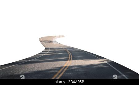 Winding asphalt road with yellow symbol and sunlight. Isolated on background Stock Photo
