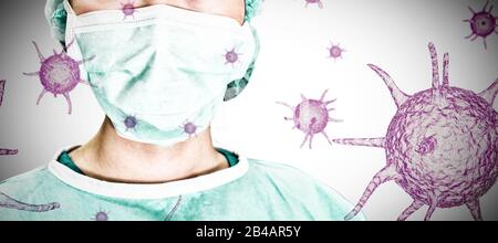 Composite image of portrait of surgeon woman. Testing for Coronavirus pandemic Stock Photo