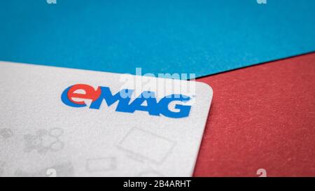 CLUJ, ROMANIA - NOV 08, 2019: eMAG logo on their credit card. eMAG is the biggest e-commerce, retail website in Romania. eMAG - nicknamed the Amazon o Stock Photo