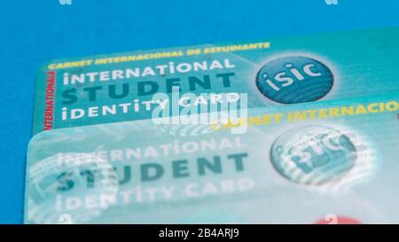 CLUJ, ROMANIA - NOV 08, 2019: The International Student Identity Card (ISIC) is an internationally accepted proof of bona fide student status. Student Stock Photo