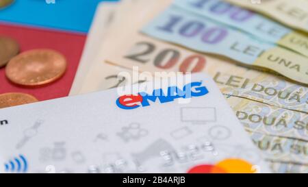 CLUJ, ROMANIA - NOV 08, 2019: eMAG logo on their credit card. eMAG is the biggest e-commerce, retail website in Romania. eMAG - nicknamed the Amazon o Stock Photo