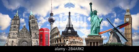World travel collage. World landmarks grouped together: New York, London, Berlin and Rome. Stock Photo