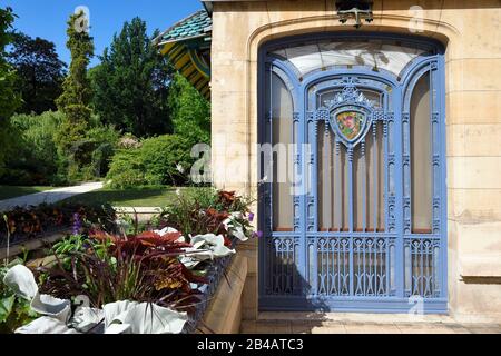 France, Meurthe-et-Moselle, Nancy, Ecole de Nancy Museum in the former estate of Eugene Corbin, stained glass window on the front door Stock Photo