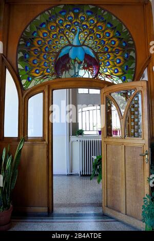 France, Meurthe-et-Moselle, Nancy, the Bergeret House of Art Nouveau style, door of the winter garden and stained glass by Joseph Janin Stock Photo