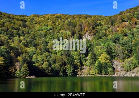 France, Haut Rhin, Ballons des Vosges Regional Natural Park, Rimbach pres Masevaux, the Lac des Perches under Gazon Rouge in the Vosges Stock Photo