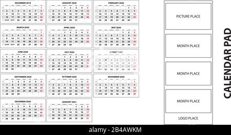 Wall Calendar 2020 with 14 month, calendar pad with logo place, picture place vector Stock Vector