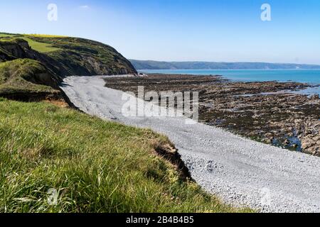 Scenic View of Greencliff Beach and Coastal View-Looking Towards Bucks Mills and Clovelly at Low Tide from the South West Footpath : Greencliff Beach. Stock Photo