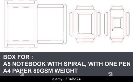 Box for A5 notebook with spiral with one pen A4 paper 80gsm weight Stock Vector