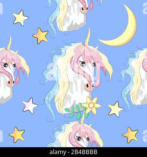 Seamless pattern with trendy cartoon patches. Unicorns, rainbows and hearts. Stock Vector