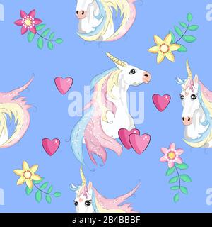 Seamless pattern with trendy cartoon patches. Unicorns, rainbows and hearts. Stock Vector