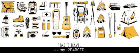 Set of vector elements in black and yellow colors isolated on white. Hiking, camping. Backpack, boots, tent, sleeping bag, compass, map, flashlight Stock Vector