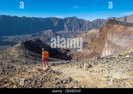 Cape Verde, Fogo island, Fogo Natural Park, Cha das Caldeiras, on the edge of the crater of Small Pico at the foot of Pico do Fogo, Monte Beco volcano in the background Stock Photo