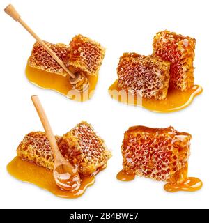 Set of honeycomb with honey spoon on white background Stock Photo