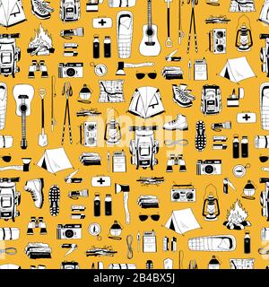 Vector seamless pattern with black and white elements isolated on yellow. Endless texture. Hiking, camping print. Backpack, boots, tent, compass, map Stock Vector