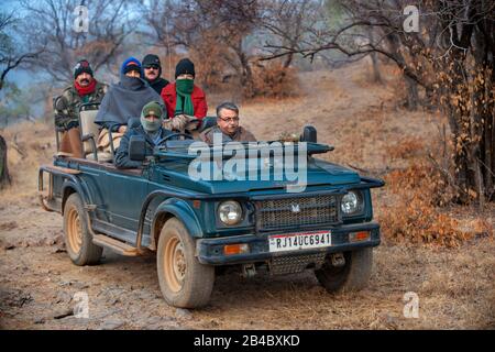 Tourists on safari in open jeep, Ranthambore National Park, Rajasthan, India, Asia. This is one of the excursion of the Luxury train Maharajas express Stock Photo