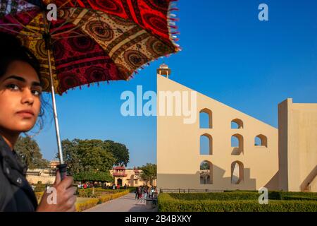 Jantar Mantar observatory complex at blue sky in Jaipur, Rajasthan, India. This is one of the excursion of the Luxury train Maharajas express. Stock Photo