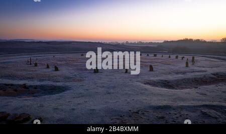 Elevated dawn view of the Devil's Quoit's, a restored stone circle near Stanton Harcourt in Oxfordshire UK Stock Photo