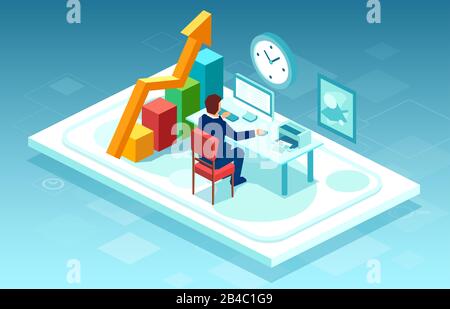 Vector of a businessman or stock market trader working on computer at his office desk Stock Vector