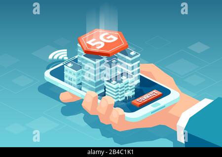 Vector concept of a 5G network wireless technology, high speed mobile internet in a smart city Stock Vector