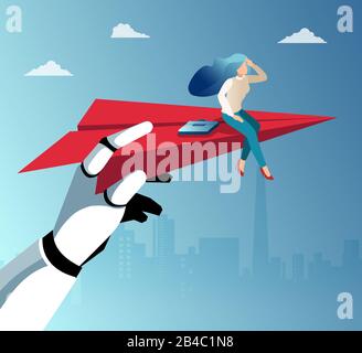Vector of a robot hand holding paper plane with a female student helping her to take off and excel in career Stock Vector