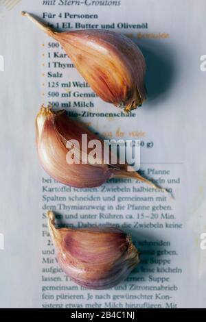Three fresh cloves of garlic on the background of a recipe from a cooking magazine. Close- up, top view Stock Photo