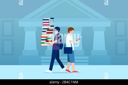 Books vs ebook reader concept. Vector of a student holding pile of books while another tablet reader. Stock Vector