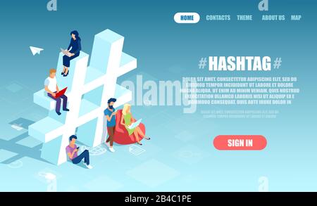 Vector of diverse people using mobile gadgets sharing hash tagged posts in social media. Stock Vector