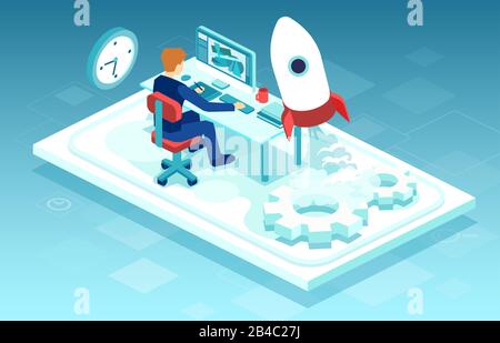Vector of a businessman working on computer launches a startup a rocket Stock Vector
