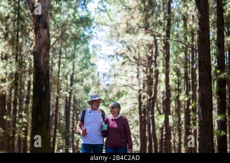 Couple of adult senior traveler with backpack walking together in the middle of a high trees forest - concept of wanderlust and old active age people in outdoor leisure activity - alternative vacation Stock Photo