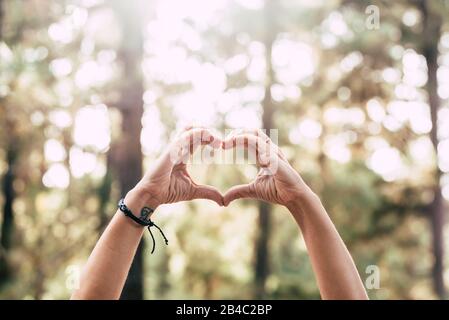 Earth's day concept with pair of human people hang doing hearth symbol with beautiful defocused forest in background - no fire and deforestation message for future generation and healthy planet Stock Photo