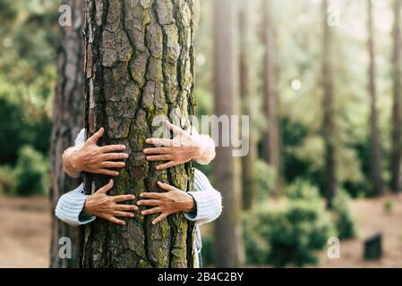 Have care about planet earth and earth's day concept - couple of adult people hugging a tree in the wood with love and respect for the nature - no deforestation and stop fires and business on it Stock Photo