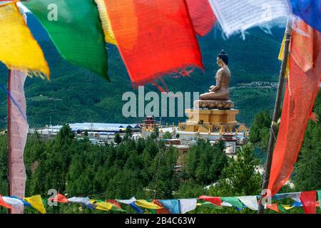 Landmark of Thimphu City, Bhutan, Kuenselphodrang, Buddha Dordenma, statue of Lord Buddha with Prayer flags Stock Photo