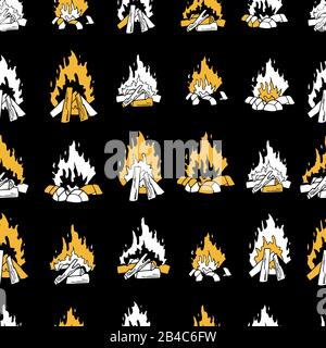 Modern vector seamless pattern with burning fire on a black background. Isolated bonfire illustrations. Endless texture in golden black and white Stock Vector