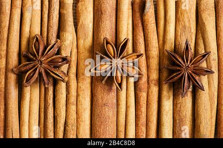 brown cinnamon sticks and star anise close up Stock Photo