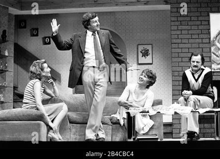 ABSENT FRIENDS   by Alan Ayckbourn   design: Derek Cousins   lighting: Nick Chelton   director: Eric Thompson  l-r: Phyllida Law (Marge), Richard Briers (Colin), Pat Heywood (Diana), Peter Bowles (Paul) Garrick Theatre, London WC2   23/07/1975