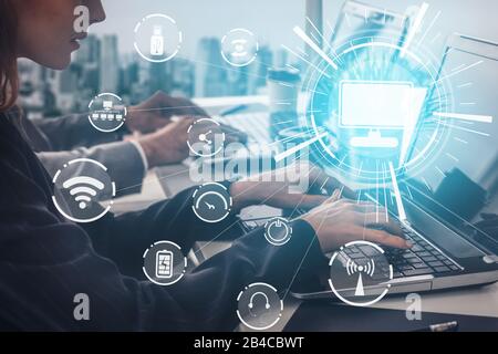 Multimedia and Computer Applications Concept. Business people using technology of digital gadget with modern graphic interface showing social, shoppin Stock Photo