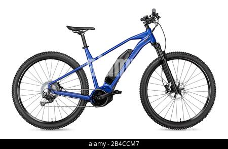 blue modern mid drive motor e bike pedelec with electric engine middle mount. battery powered ebike isolated on white background. Innovation transport Stock Photo