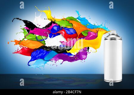 spray can spraying colorful rainbow paint liquid  color splash explosion on blue white background. Industry diy paintjob graffiti concept. Stock Photo