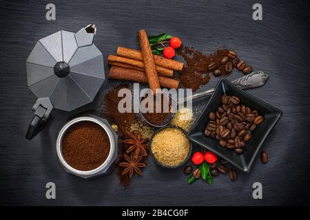 Still life, espresso, coffee, sugar, spices Stock Photo