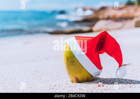 Close up of coconut wearing santa hat on tropical sandy beach with ocean waves rolling against rocky coastline in blurred background. Stock Photo