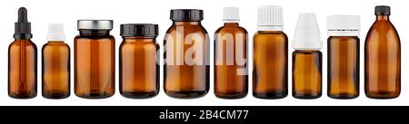 Set collection row of various brown medicine pill glass pipette dropper bottle blank without copyspace label design pattern isolated on white panorama Stock Photo