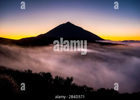 Beautiful el teide tenerife vulcan landscape with  high top and clouds in the ground like mist fog - timeless and national park scenic outdoor place - coloured backgorund and wild nature Stock Photo