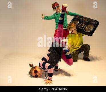 unique kids,cheerful children dressed in hip hop style,dancing kids, break dance kids Stock Photo