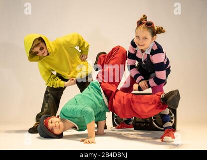 unique kids,cheerful children dressed in hip hop style,dancing kids, break dance kids, breakdance Stock Photo