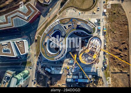 Aerial view, TRIVAGO headquarters, new building, medias, Dusseldorf, quarter 04, Dusseldorf, Rhineland, North Rhine-Westphalia, Germany Stock Photo