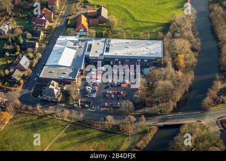 Aerial view, supermarket REWE Frenster Drensteinfurt, river Werse,  Sendenhorster Street, Drensteinfurt, Münsterland, North Rhine-Westphalia, Germany Stock Photo